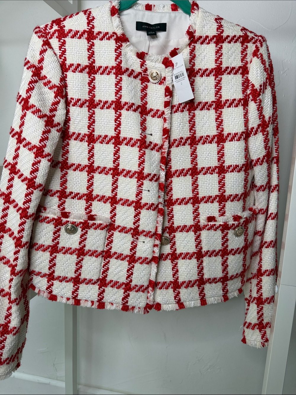 Ann Taylor Red & White Tweed Fringe Jacket Size 2 NWT